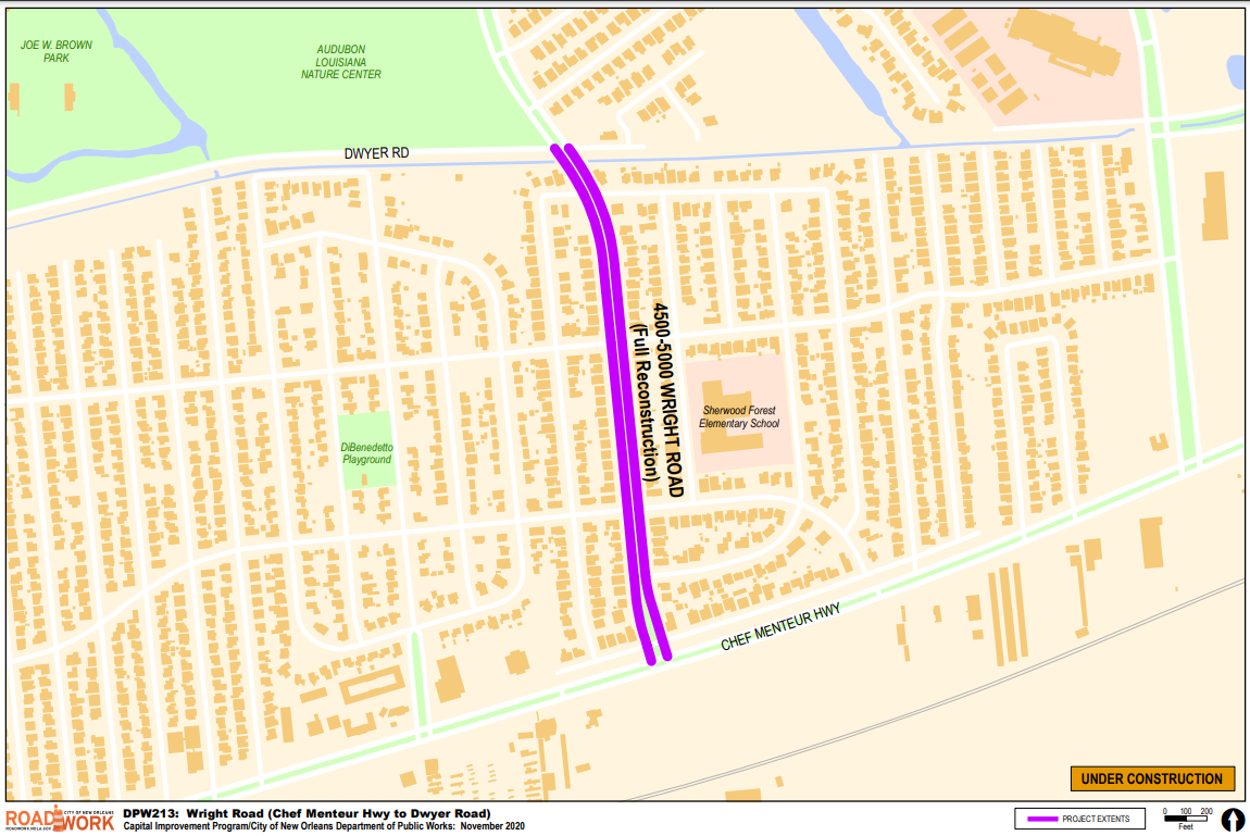 Map of Wright Road (Chef Menteur Blvd - Dwyer Rd)